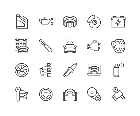 Simple Set of Car Service Related Vector Line Icons. Contains such Icons as Oil, Filter, Steering Wheel, Check List and more. Editable Stroke. 48x48 Pixel Perfect.