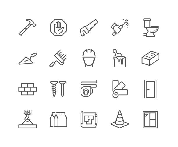 иконы конструкции линии - hammer nail work tool construction stock illustrations