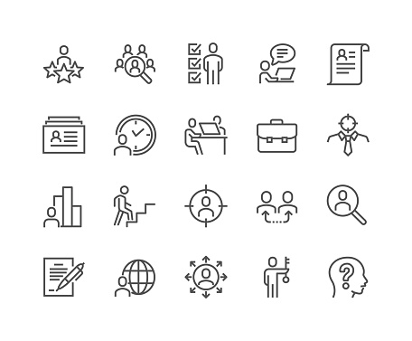 Simple Set of Head Hunting Related Vector Line Icons. Contains such Icons as Job Interview, Career Path, Resume and more. Editable Stroke. 48x48 Pixel Perfect.