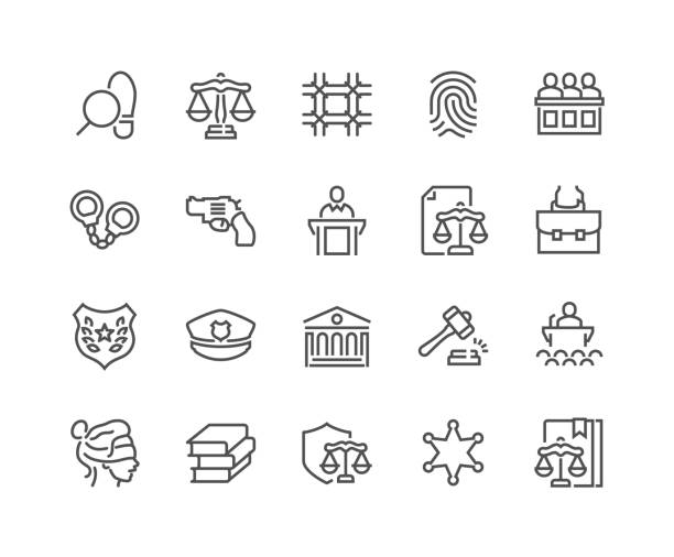 Line Law and Justice Icons Simple Set of Law and Justice Related Vector Line Icons. Contains such Icons as Themis, Court, Police and more. Editable Stroke. 48x48 Pixel Perfect. Punishment stock illustrations