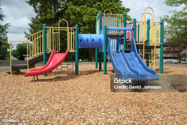 Playground Equipment Stock Photo - Download Image Now - Playground, Wood Chip, Exercising