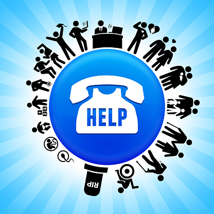 Help Phoneline Lifecycle Stages of Life Background. The icon is placed on a circle button. Icons of life from conception to old surround the large shiny round button in the center of this 100 percent royalty free vector illustration. The button is placed against a blue tar burst background. The illustration shows speaks to the 