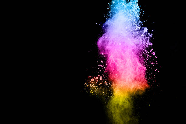 istock Multi color powder explosion isolated on black background. Colored dust splash cloud on black background. Launched colorful particles on background. Painted Holi. 970998596