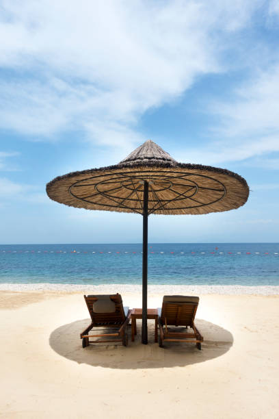 istock Beach chairs with umbrella and beautiful sand beach 971001336