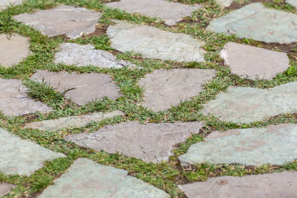 istock Stone pavement texture. Abstract background of old cobblestone pavement 971001670