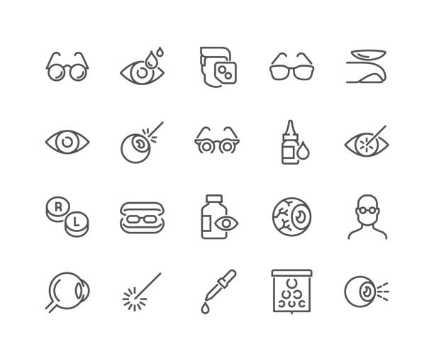 Line Optometry Icons Simple Set of Optometry Related Vector Line Icons. Contains such Icons as Eye Exam, Laser Surgery, Eyeball, Glasses and more. Editable Stroke. 48x48 Pixel Perfect. lens optical instrument illustrations stock illustrations