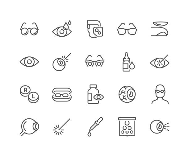 Line Optometry Icons Simple Set of Optometry Related Vector Line Icons. Contains such Icons as Eye Exam, Laser Surgery, Eyeball, Glasses and more. Editable Stroke. 48x48 Pixel Perfect. eye specs stock illustrations