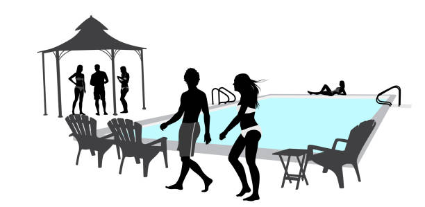 Young Adult Pool Party Vector silhouette illustration. Young couple walking around an inground pool swimming silhouettes stock illustrations
