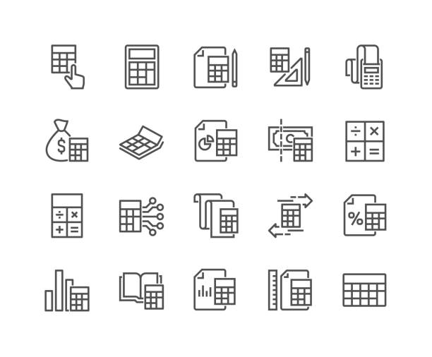 stockillustraties, clipart, cartoons en iconen met pictogrammen van de berekening van de lijn - calculator