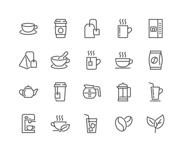 ikony kawy i herbaty linii - breakfast cup coffee hot drink stock illustrations