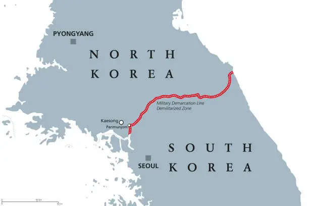 Vector illustration of Korean Peninsula, Demilitarized Zone Area, gray political map