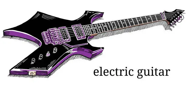 Vector illustration of Close up of lying black electric guitar isolated on white background. Hand drawn sketchy style vector illustration. Heavy metal, rock music, concert, festival.