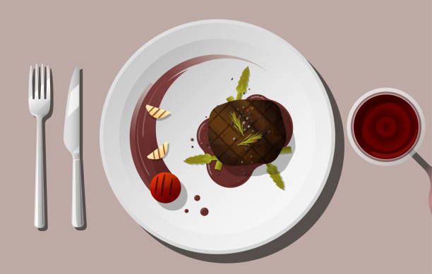 gegrilltes rindfleisch, filet steak und gewürzen serviert auf teller mit rotwein, vektor, abbildung - filet mignon illustrations stock-grafiken, -clipart, -cartoons und -symbole