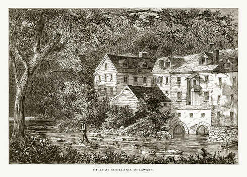 Very Rare, Beautifully Illustrated Antique Engraving of Mills at Rockland, Brandywine River, Rockland, Delaware, United States, American Victorian Engraving, 1872. Source: Original edition from my own archives. Copyright has expired on this artwork. Digitally restored.