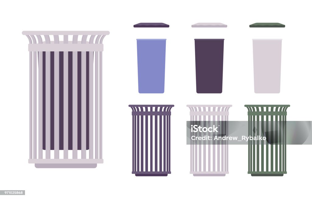Outdoor trash bin set Outdoor waste bin set. Receptacle construction, sidewalk trash can. City street beautification and urban design concept. Vector flat style cartoon illustration, different positions Garbage Can stock vector
