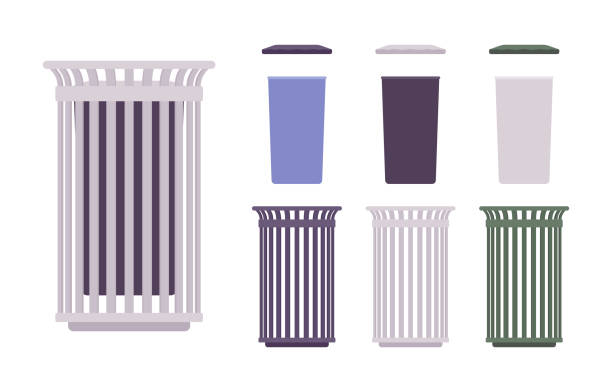 Outdoor trash bin set Outdoor waste bin set. Receptacle construction, sidewalk trash can. City street beautification and urban design concept. Vector flat style cartoon illustration, different positions garbage can stock illustrations