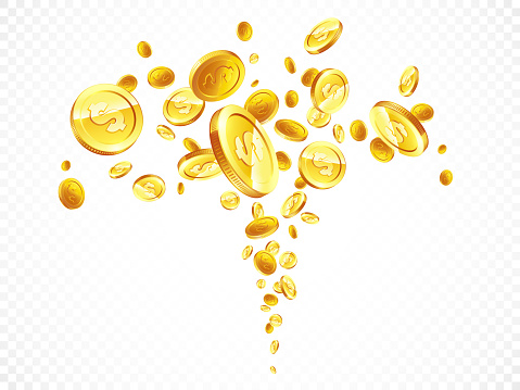 Golden coins in different positions illustration, isolated background. Vector illustration flat