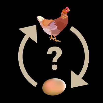 Causality dilemma. Which came first: the chicken or the egg? Vector illustration isolated on black background