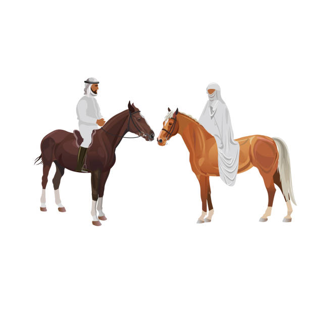Arab man and woman on horseback Arab man and woman in traditional dress on horseback . Vector illustration isolated on white background arab man riding horse stock illustrations