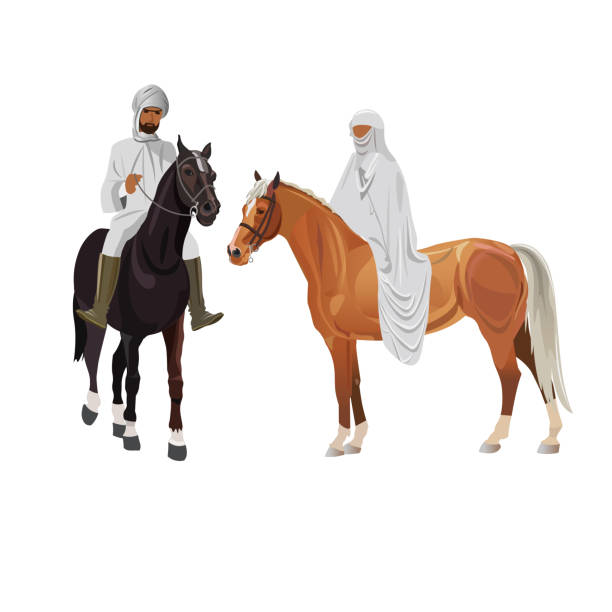 Arab man and woman on horseback Arab man and woman in traditional dress on horseback . Vector illustration isolated on white background oman cartoon stock illustrations
