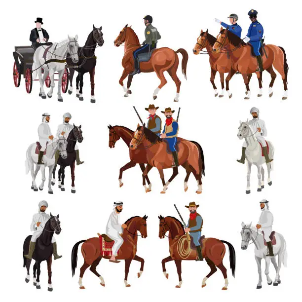 Vector illustration of Riders on horsebacks set