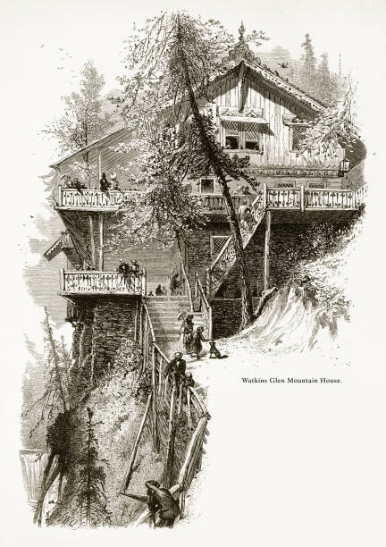 Mountain House, Watkins Glen, New York, United States, American Victorian Engraving, 1872 Very Rare, Beautifully Illustrated Antique Engraving of Mountain House, Watkins Glen, New York, United States, American Victorian Engraving, 1872. Source: Original edition from my own archives. Copyright has expired on this artwork. Digitally restored. lake seneca stock illustrations