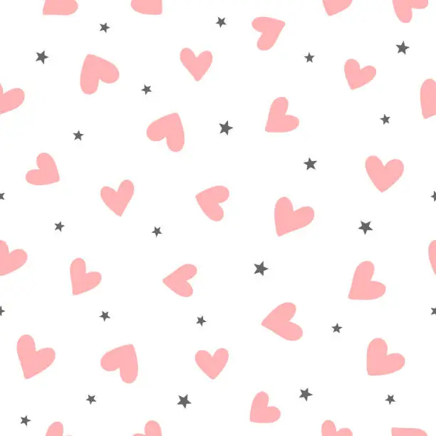 Vector illustration of Repeating hearts and stars drawn by hand. Cute romantic seamless pattern. Endless girly print.