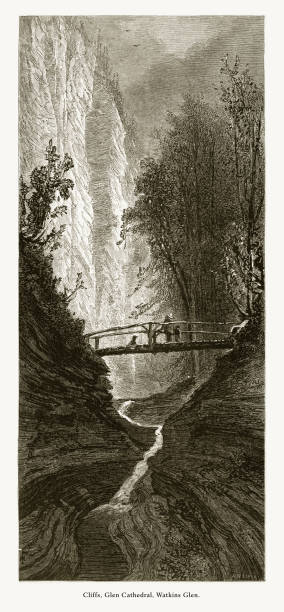 Very Rare, Beautifully Illustrated Antique Engraving of Cliffs at Glen Cathedral, Watkins Glen, New York, United States, American Victorian Engraving, 1872. Source: Original edition from my own archives. Copyright has expired on this artwork. Digitally restored.