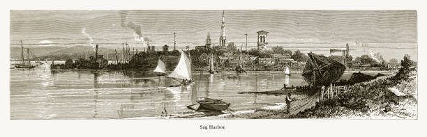 Sag Harbor, Long Island, New York, United States, American Victorian Engraving, 1872 Very Rare, Beautifully Illustrated Antique Engraving of Sag Harbor, Long Island, New York, United States, American Victorian Engraving, 1872. Source: Original edition from my own archives. Copyright has expired on this artwork. Digitally restored. 1870 stock illustrations