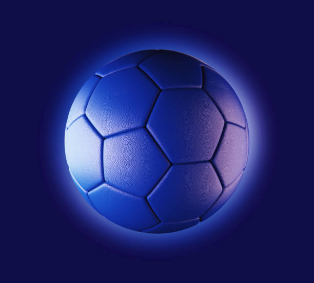 синий футбольный мяч на синем фоне в технологической концепции. 3d иллюстрация - national league стоковые фото и изображения
