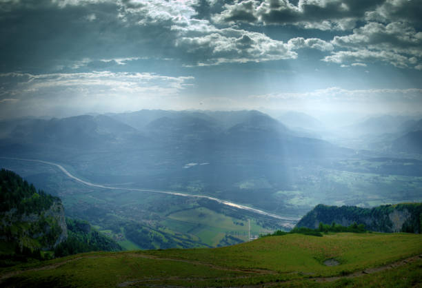 View over the alpine Rhine Valley in Switzerland from the Hoher Kasten, a mountain in the Alpstein group