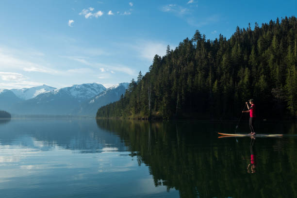 istock Woman stand up paddle boarding on a pristine mountain lake 971053570