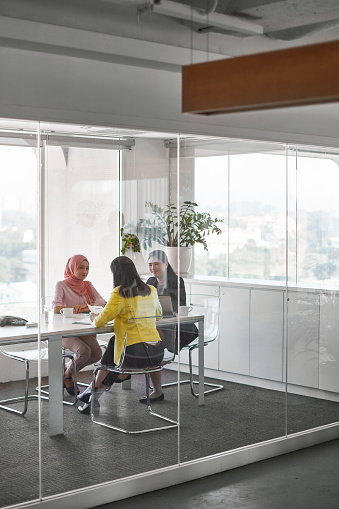 Full length of female professionals discussing at conference table. Business colleagues are seen through glass wall. They are working at board room in office.