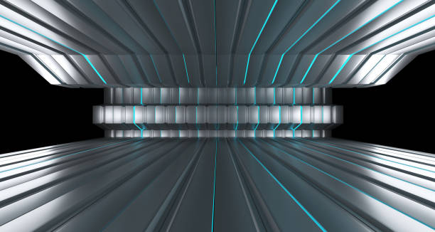 istock Sci-Fi Futuristic Alien Room With Reflective Surfaces And Blue Lights. 3D Rendering 971057460