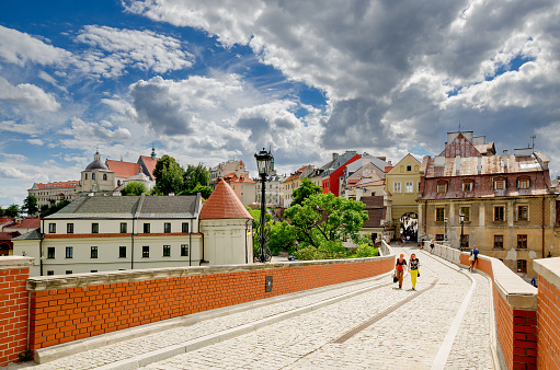 Lublin, Lublin province, Poland. Old town district, footbridge leading from the Royale Castle.