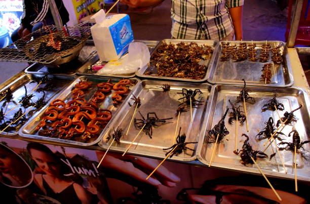 Tarantula, scorpion and snake kebab in Cambodia SIEM REAP, CAMBODIA - Mart 22, 2018: Tarantula, scorpion and snake kebab soft focus for sale at a night street market in Cambodia. Exotic food for tourists and travelers cambodia food stock pictures, royalty-free photos & images