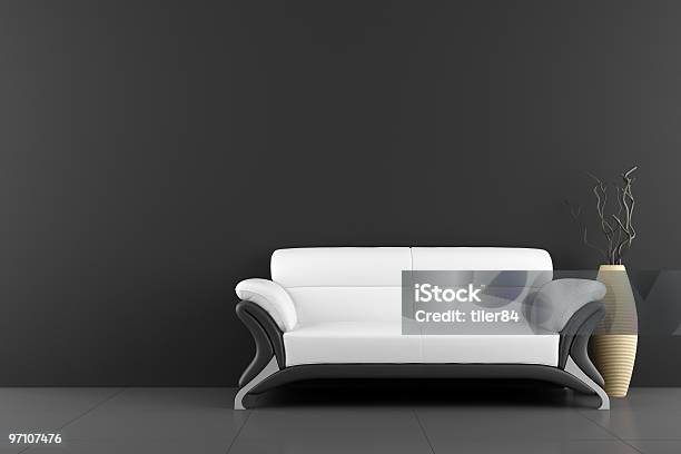 White Sofa And Vase With Dry Wood Stock Photo - Download Image Now - Apartment, Black Color, Brown
