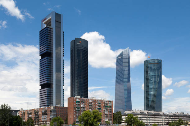 Madrid, Spain - June 07 2018: The Cuatro Torres Business Area with from right to left: Torre Espacio, Torre de Cristal, Torre PwC and Torre Cepsa.