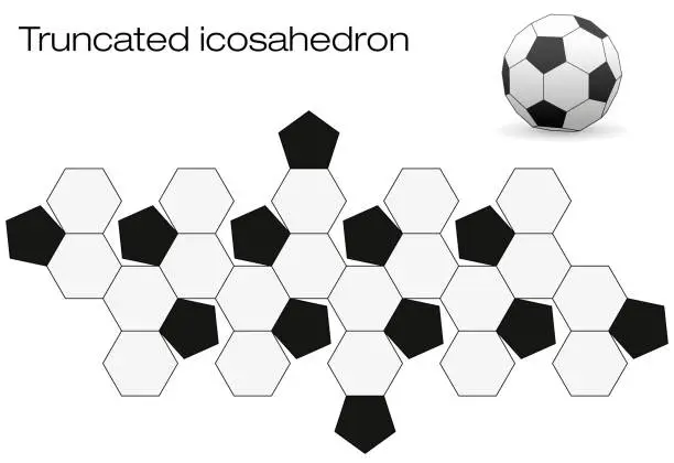 Vector illustration of Unfolded soccer ball surface. Geometric polyhedron called truncated icosahedron, an Archimedean solid with twelve black pentagonal and twenty white hexagonal faces.