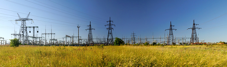Panoramic image of high voltage substation. Distribution electrical power