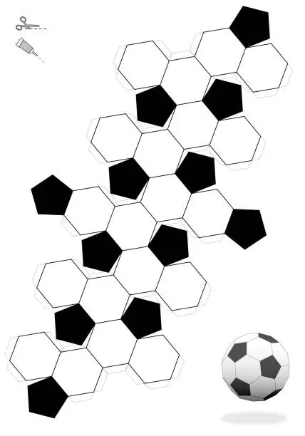 Vector illustration of Truncated Icosahedron. Soccer ball template for making a 3d object out of the net with twelve black pentagonal and twenty white hexagonal faces. Print it, cut it out, fold and glue it.