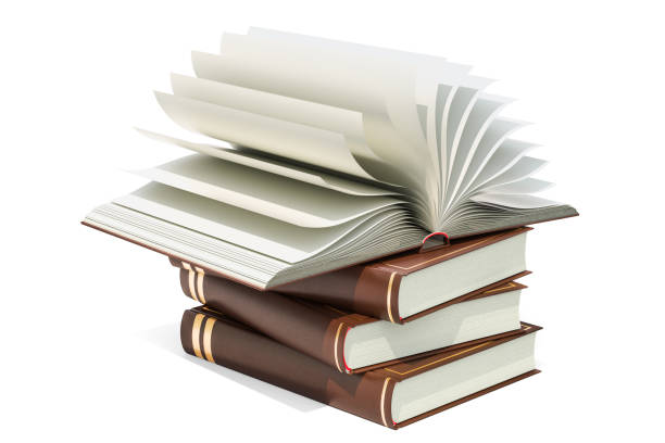 istock Opened blank book on the heap of books, 3D rendering isolated on white background 971107322
