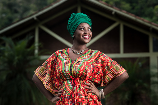 Beautiful african american woman in typical afro clothing