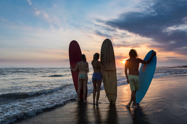 istock Group of three surfers on the beach watching the sunset 971166630