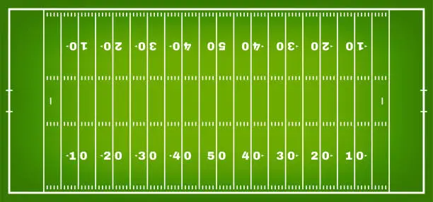 Vector illustration of American football field with marking. Football field in top view with white markup