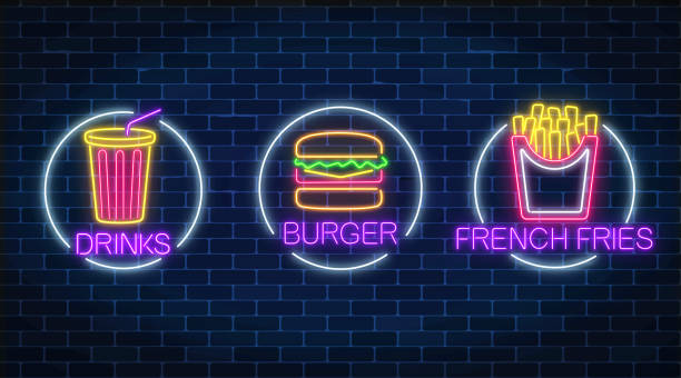 illustrazioni stock, clip art, cartoni animati e icone di tendenza di set di tre segni luminosi al neon di patatine fritte, hamburger e bevande alla soda in cornici a cerchio. simbolo del cartellone luminoso fastfood - beer backgrounds nobody bright