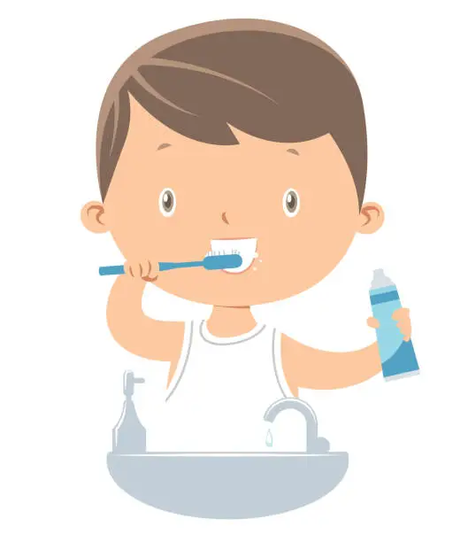 Vector illustration of Little Boy Brushing Teeth