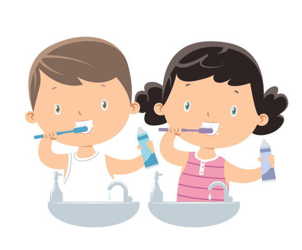 ilustraciones, imágenes clip art, dibujos animados e iconos de stock de pequeño niño y niña cepillarse los dientes - child human teeth brushing teeth dental hygiene