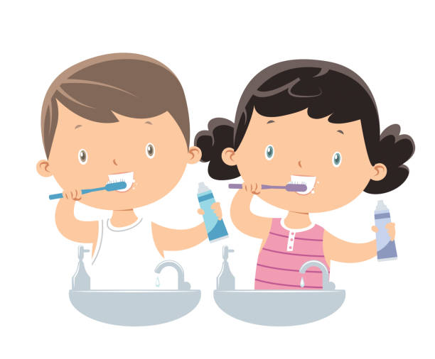 stockillustraties, clipart, cartoons en iconen met kleine jongen en meisje tandenpoetsen - orthodontist illustraties