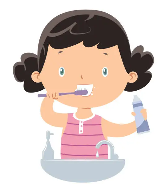 Vector illustration of Little girl brushing teeth